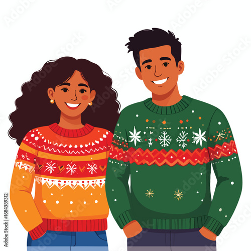 A smiling couple wearing festive Christmas sweaters, posing together with happiness.