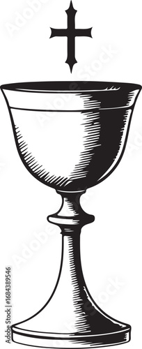 Religious chalice and cross symbol in black and white artwork depicting faith and communion sacrament sharing spiritual beliefs