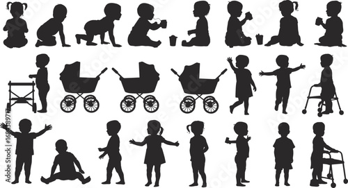 Diverse silhouettes of babies toddlers and baby carriages on white background child black and white