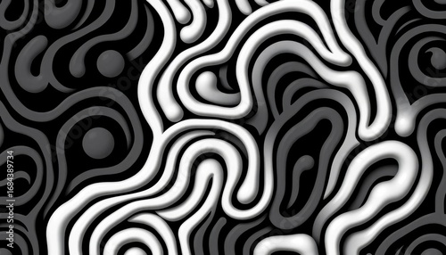 Abstract seamless black and white vector maze pattern of rounded organic lines,  black,  pattern