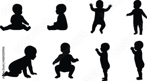Eight black baby silhouettes in various poses on white background Keywords: baby, infant, child