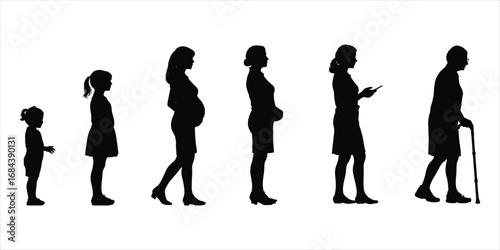 Female life stages silhouette from childhood to old age on white background Keywords: silhouette