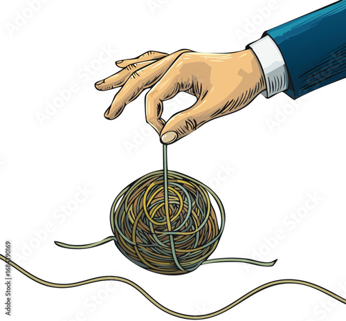 Hand manipulating a tangled ball of string, representing complexity or control.
