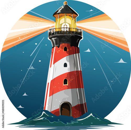 A stylized lighthouse, radiating light beams, stands on a dark sea.