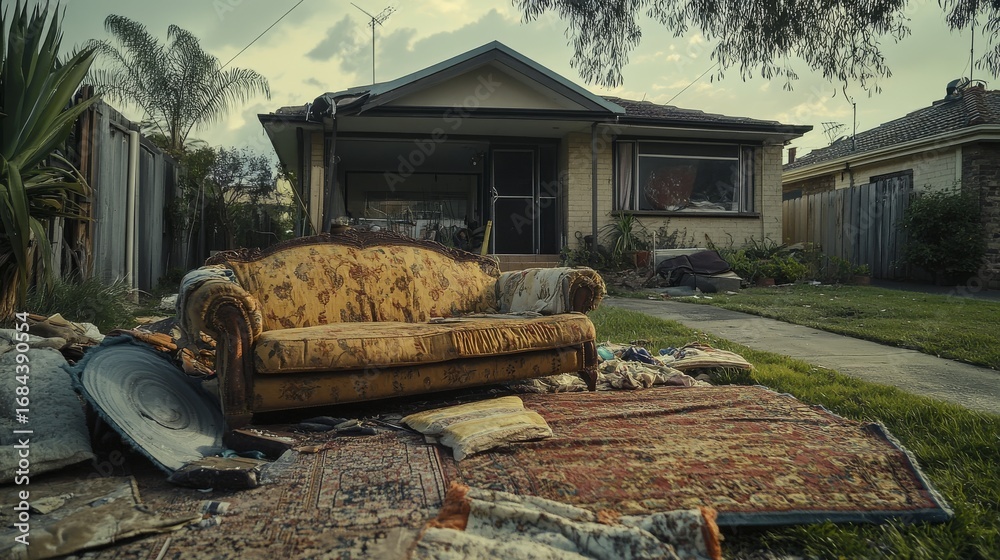 Fototapeta premium 54.A close-up of discarded household items like an old sofa and rugs piled on the front yard, awaiting pickup for waste collection. The image captures the clutter and mess, with the peaceful