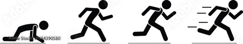 Four black running figures showing progression from start to speed on white background Keywords