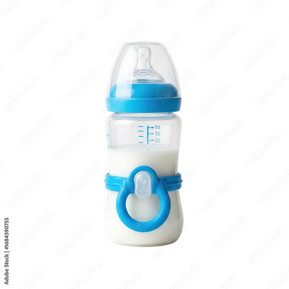 Obraz premium This essential baby bottle, filled with nutritious milk, features a clear body, blue cap, and an ergonomic handle, perfect for infant feeding.
