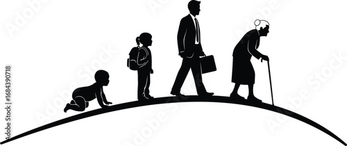 Human Life Stages Silhouette on Curved Path from Baby to Elderly Woman evolution progression