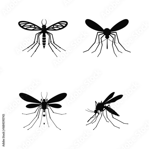 A black silhouette of a mosquito icon vector set