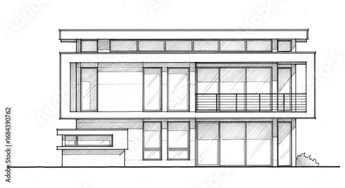 A simple line art drawing of a modern house with a clean, flat roof design.