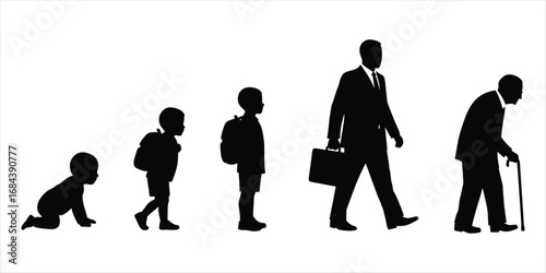 Human Life Stages Silhouette Progression from Baby to Elderly Man evolution
