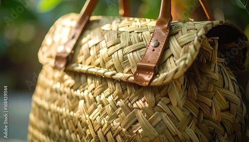 Close-up of Beige Woven Straw Bag with Brown Leather Accents