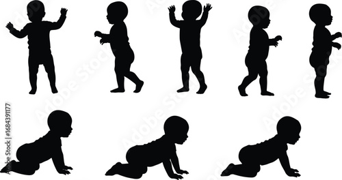Multiple black baby silhouettes showing standing and crawling movements on white child infant