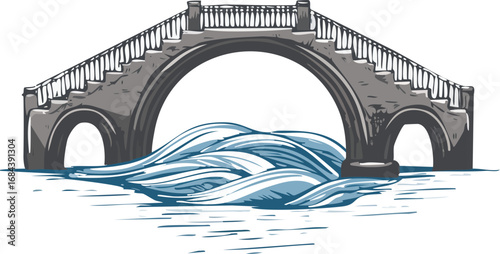 A stone arch bridge spans turbulent water, depicted in a hand-drawn style.