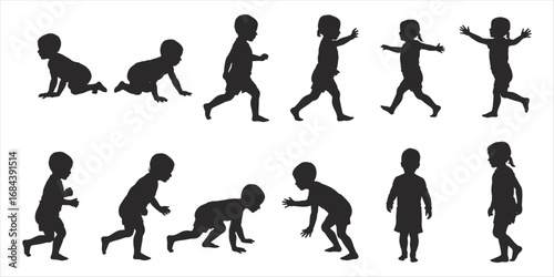 Sequence of baby's developmental milestones from crawling to walking and standing child silhouette
