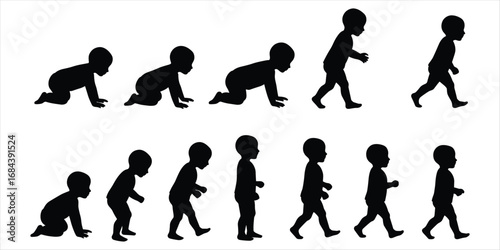 Progression of Baby Silhouettes Crawling to Standing on White Background infant child