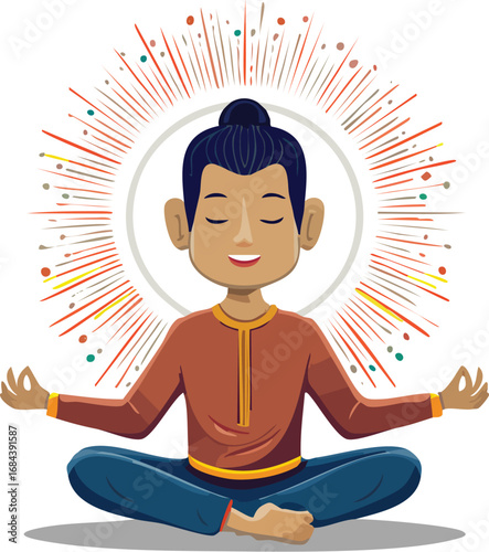 Cartoon illustration of a boy meditating in a lotus position with a radiant aura around him.
