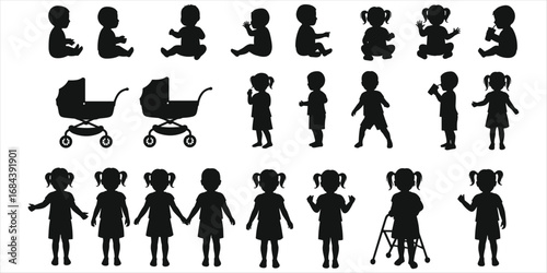 Silhouettes of babies, toddlers, strollers and walker on white background Keywords: baby, child