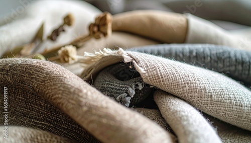 Close-up of Rolled Organic Hemp and Linen Fabric in Neutral Tones
