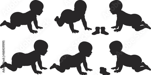 Six Black Silhouette Baby Crawling Poses with Baby Shoes on White Background infant child
