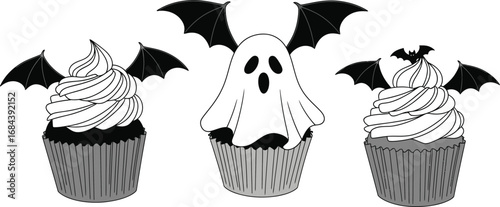 Three halloween cupcakes with bat wings and ghost, perfect for a spooky treat or party decoration