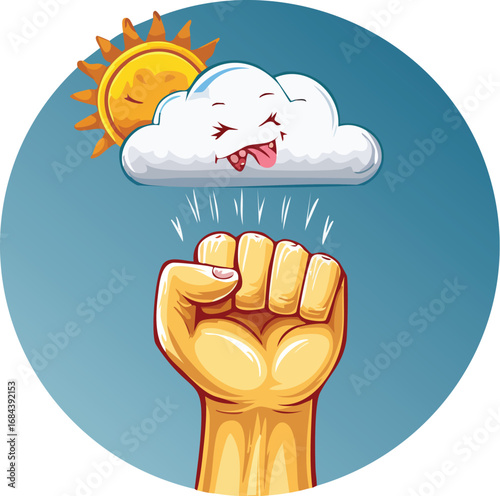 A playful illustration of a hand summoning rain from a mischievous cloud under a bright sun.
