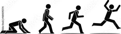 Stick figure progression from kneeling to running on a white background person walking