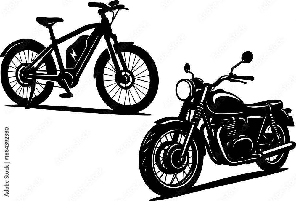 Fototapeta premium Electric bicycle, motorcycle or motorbike on white background. Modern day transport icon.