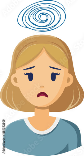A cartoon woman with blonde hair looks worried, with a swirl of blue lines above her head.