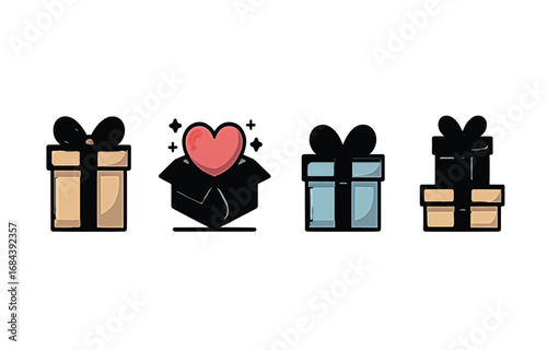 Vector illustration icon set of different gift boxes for holiday celebrations. Presents with ribbons and a heart for birthday or anniversary greetings