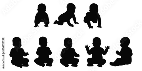 Ten Black Silhouettes Of Babies In Different Sitting And Crawling Poses baby infant