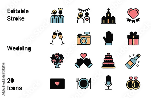 Set of colorful wedding celebration icons in a flat line art style. Editable stroke vector graphics for marriage ceremony and party invitations