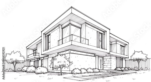 An architectural sketch of a modern, angular house with large glass windows.