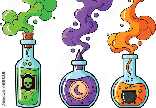 Three colorful potion bottles with skull, moon and cauldron for a Halloween or magic theme