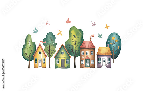 A charming watercolor illustration of a cute village street with colorful houses, green trees, and birds, isolated graphic element