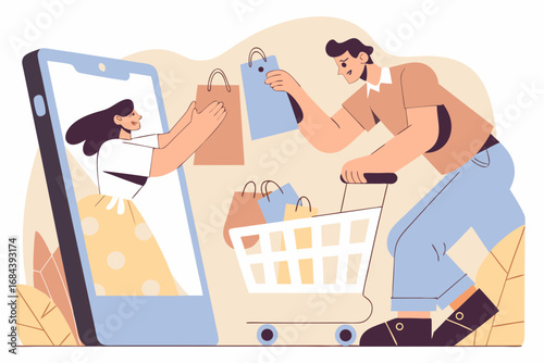People enjoying online shopping sale with mobile phone and shopping cart convenience