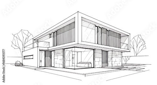 A clean architectural line drawing of a contemporary house with a unique roofline.
