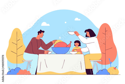 Family enjoying a festive thanksgiving dinner with a large roasted turkey and joyful atmosphere