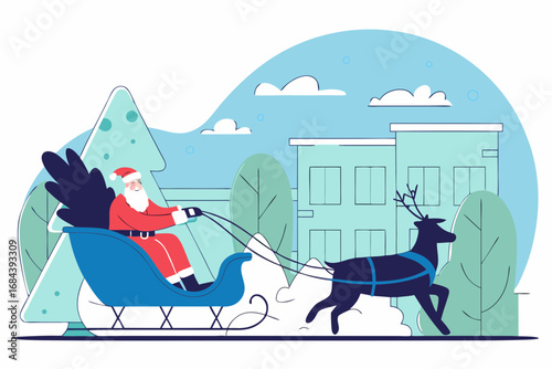 Santa claus riding sleigh with reindeer delivering presents during christmas winter holiday