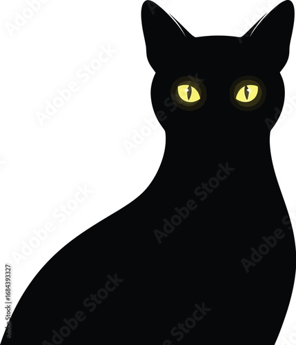Silhouette of a black cat with glowing yellow eyes, a symbol of halloween and mystery