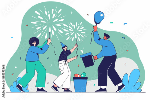 Joyful people celebrating new year's eve with fireworks and balloons