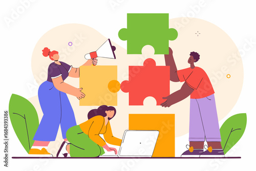 Diverse business team collaborating seamlessly connecting puzzle pieces for shared success and growth