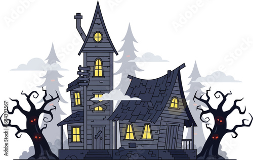 Spooky haunted house illustration, featuring a creepy mansion with trees and eerie atmosphere