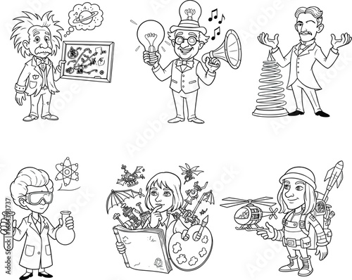 Black and white scientist cartoon illustration, famous inventors clipart, STEM education art, innovation, creativity, genius characters, learning concept
