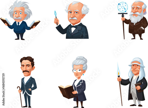 Famous scientists cartoon vector, historical inventors characters, education and science clipart, genius people illustration, STEM icons, learning concept