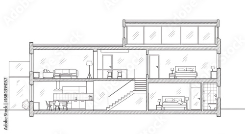 A clean architectural cross-section drawing of a modern, two-story house.