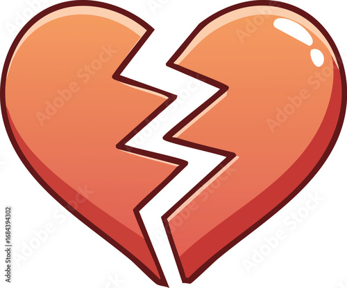 Cartoon illustration of a broken heart, split down the middle with a jagged white line.