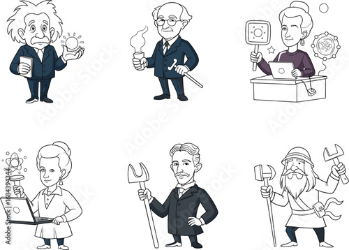 Famous scientists cartoon illustration, historical inventors characters, science and innovation icons, educational technology art, genius thinkers, STEM concept clipart