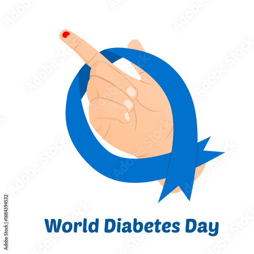 Diabetes awareness day design. World Diabetes Day design concept with human finger and blue ribbon.