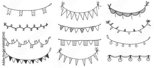 Bunting garland happy birthday celebration doodle scrapbook divider. illustration